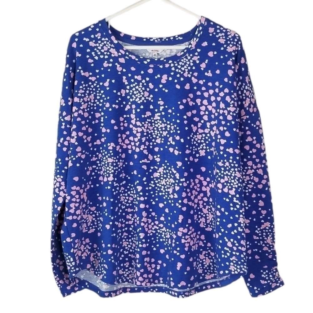 Crown & Ivy Long Sleeve Ruched Cuffs Blue Heart Printed Terry Shirt Size M